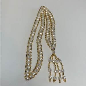 VTG Tassel Necklace Faux Pearls & Gold Tone Beads